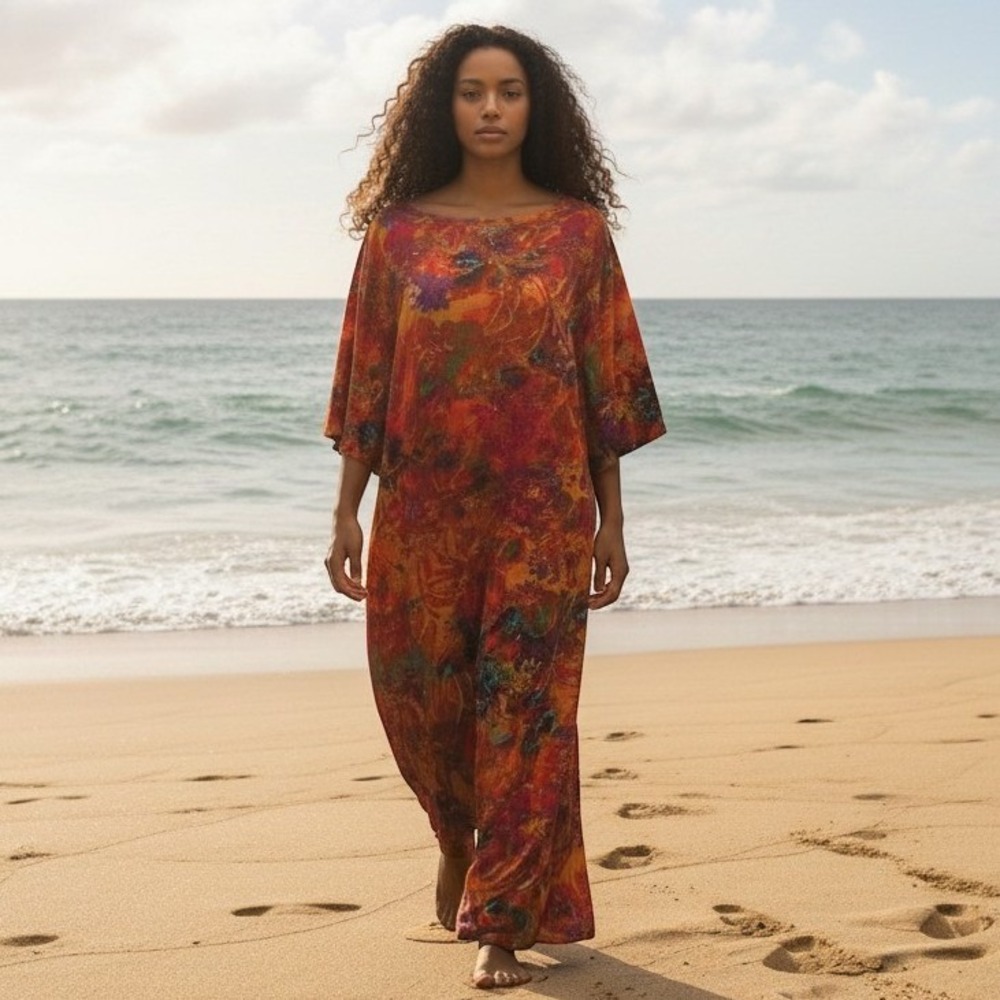Peruvian‎ Connection XS Bollywood Abstract Floral Maxi Dress Orange Red Tropical